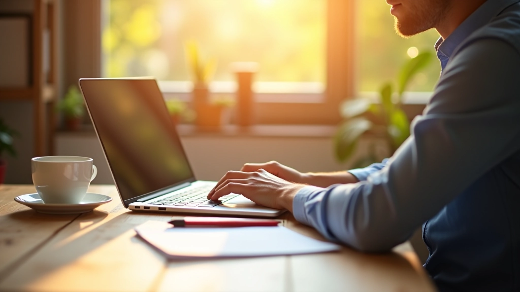 Rašytojas sėdi prie stalo su laptopiu, užrašais ir kaffe puodeliu, saulės šviesa pro langą